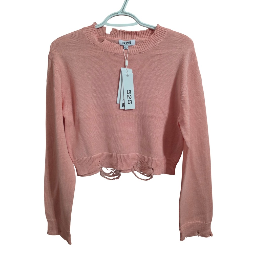 525 America Distressed Cropped‎ Cotton Sweater Pink Taffy Womens M